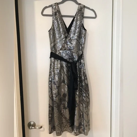 diane von furstenberg silver dress Diane von Furstenberg Sequined Midi Sheath Dress In Silver Nylon
